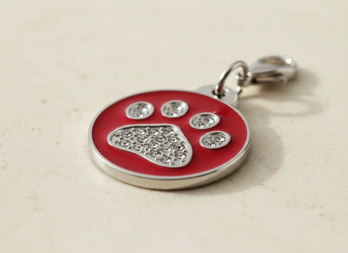 Ronde hondenpenning met strass en pootmotief