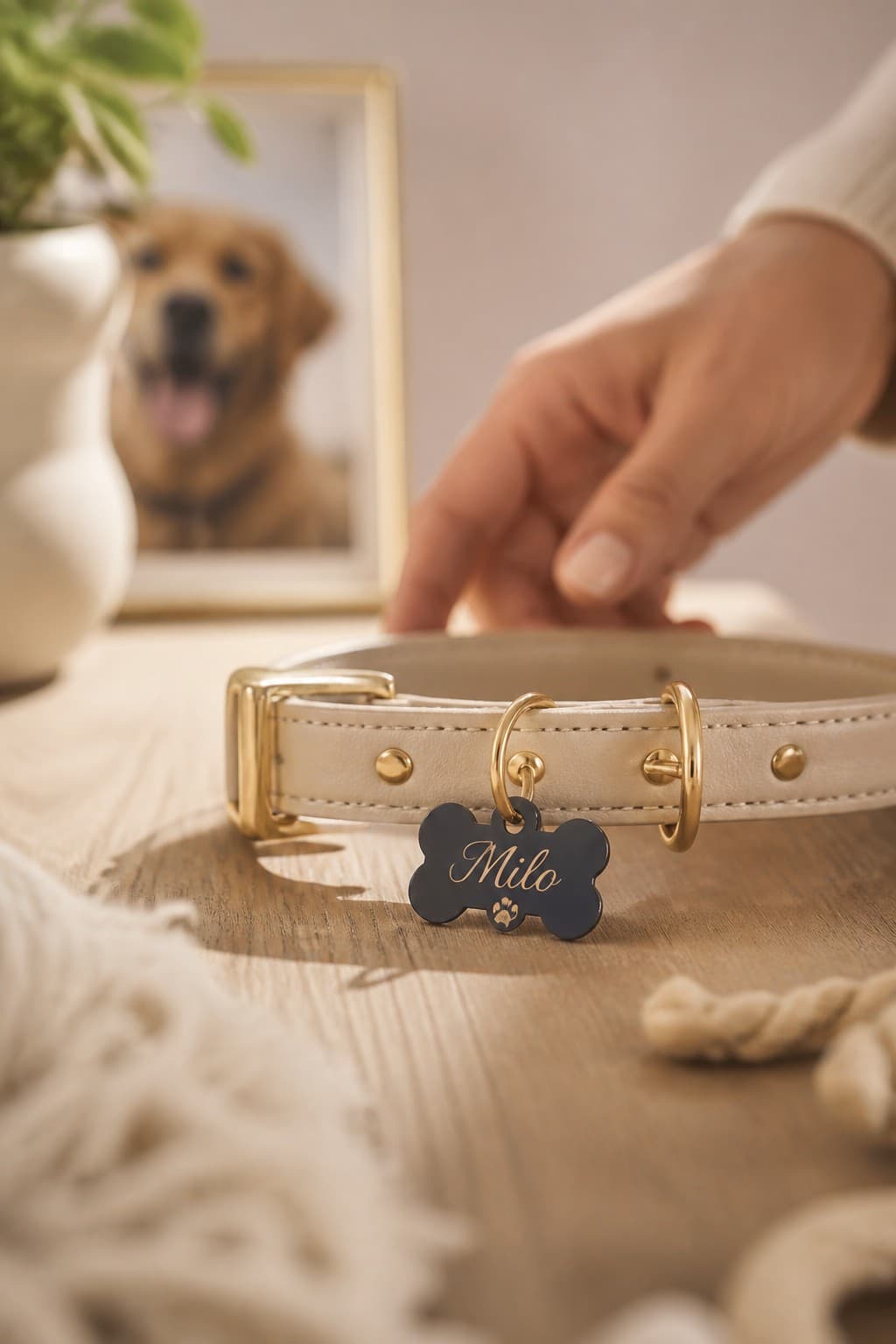 Botpenning aan een crème halsband met messing ringen.