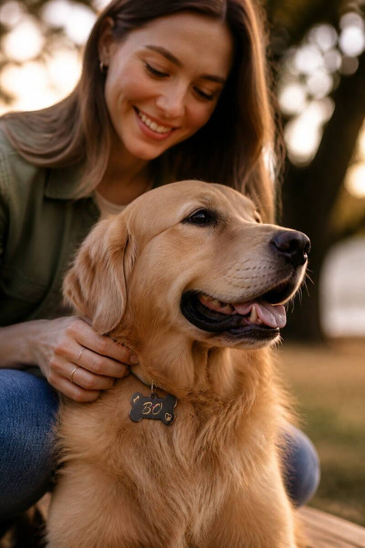 Hond met een gegraveerde huisdierpenning aan de halsband
