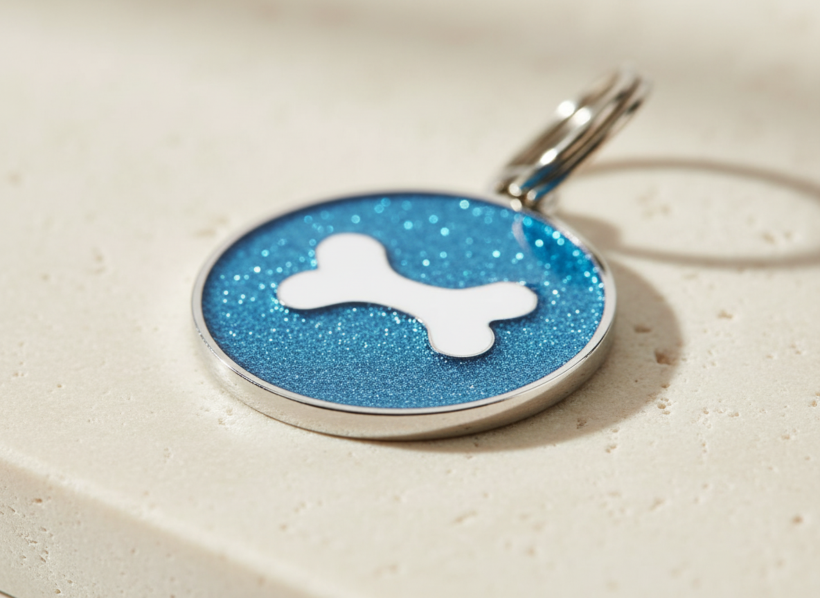 Ronde hondenpenning met glitter en botmotief, 7 kleuren