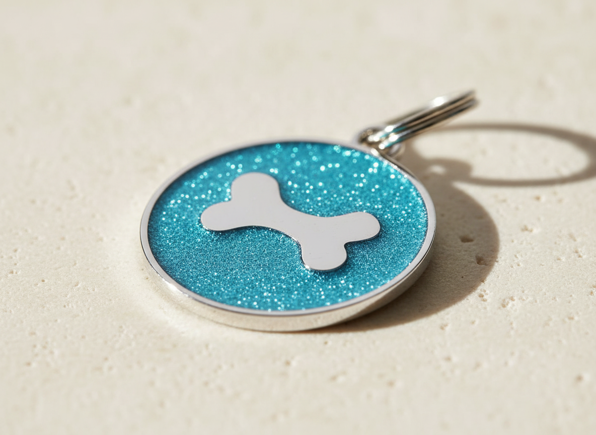 Ronde hondenpenning met glitter en botmotief, 7 kleuren