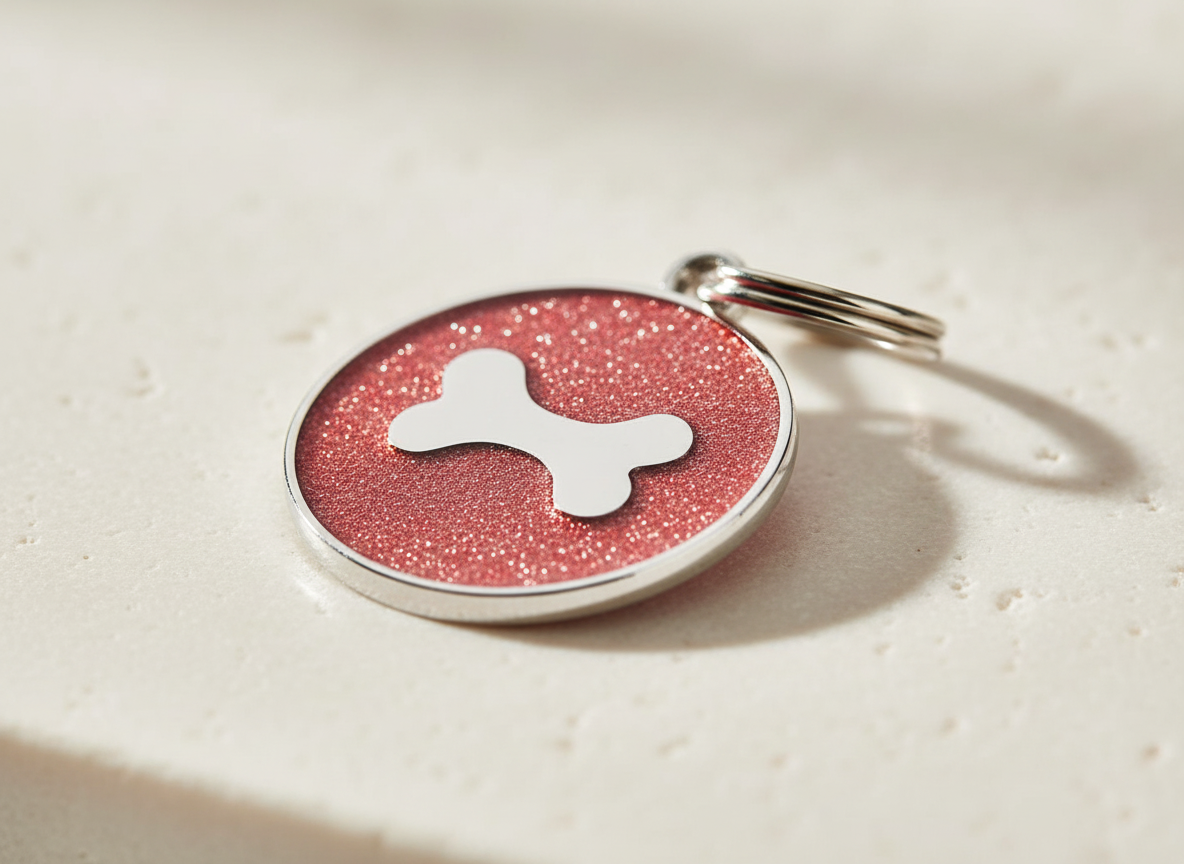 Ronde hondenpenning met glitter en botmotief, 7 kleuren