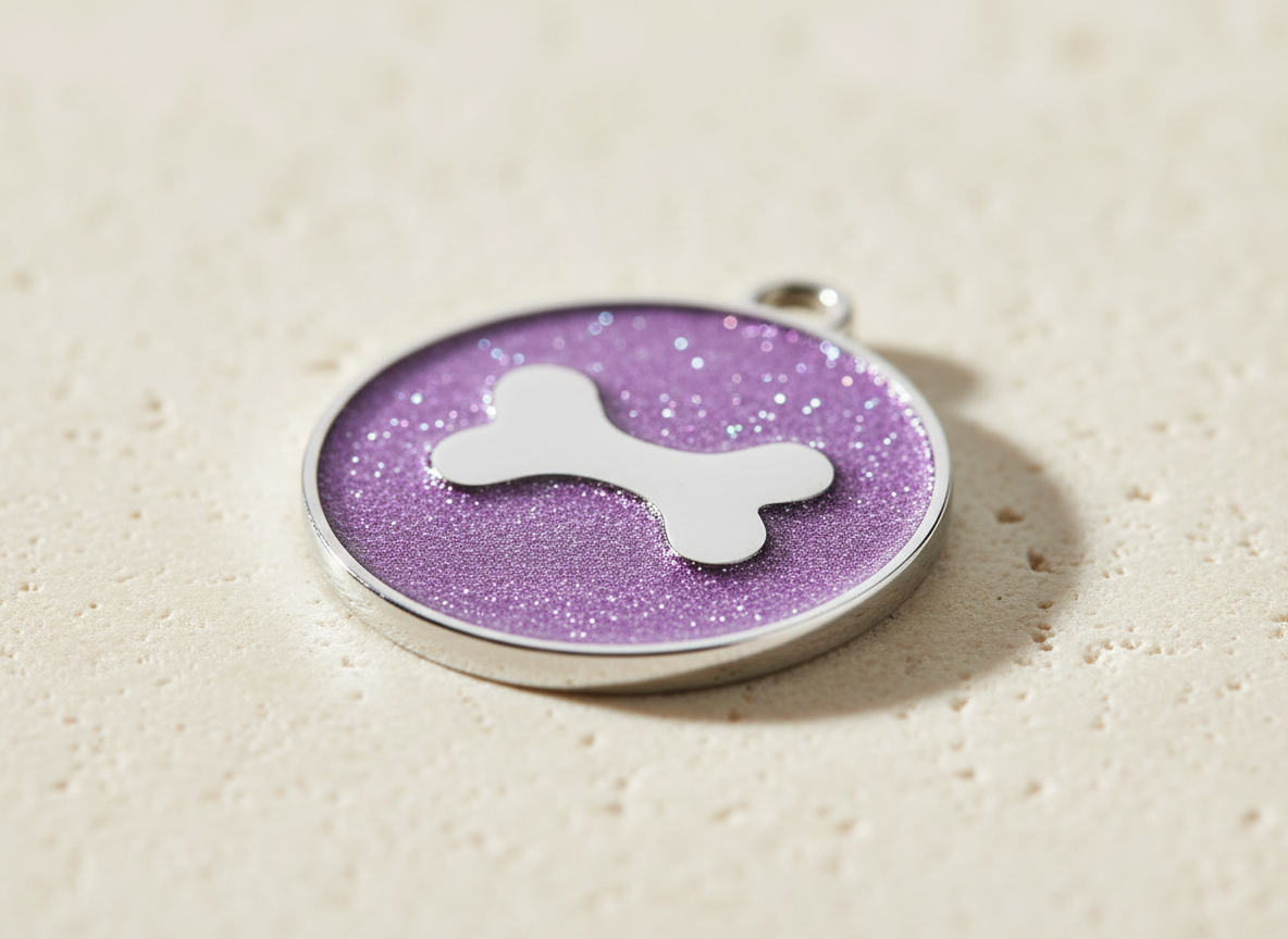 Ronde hondenpenning met glitter en botmotief, 7 kleuren