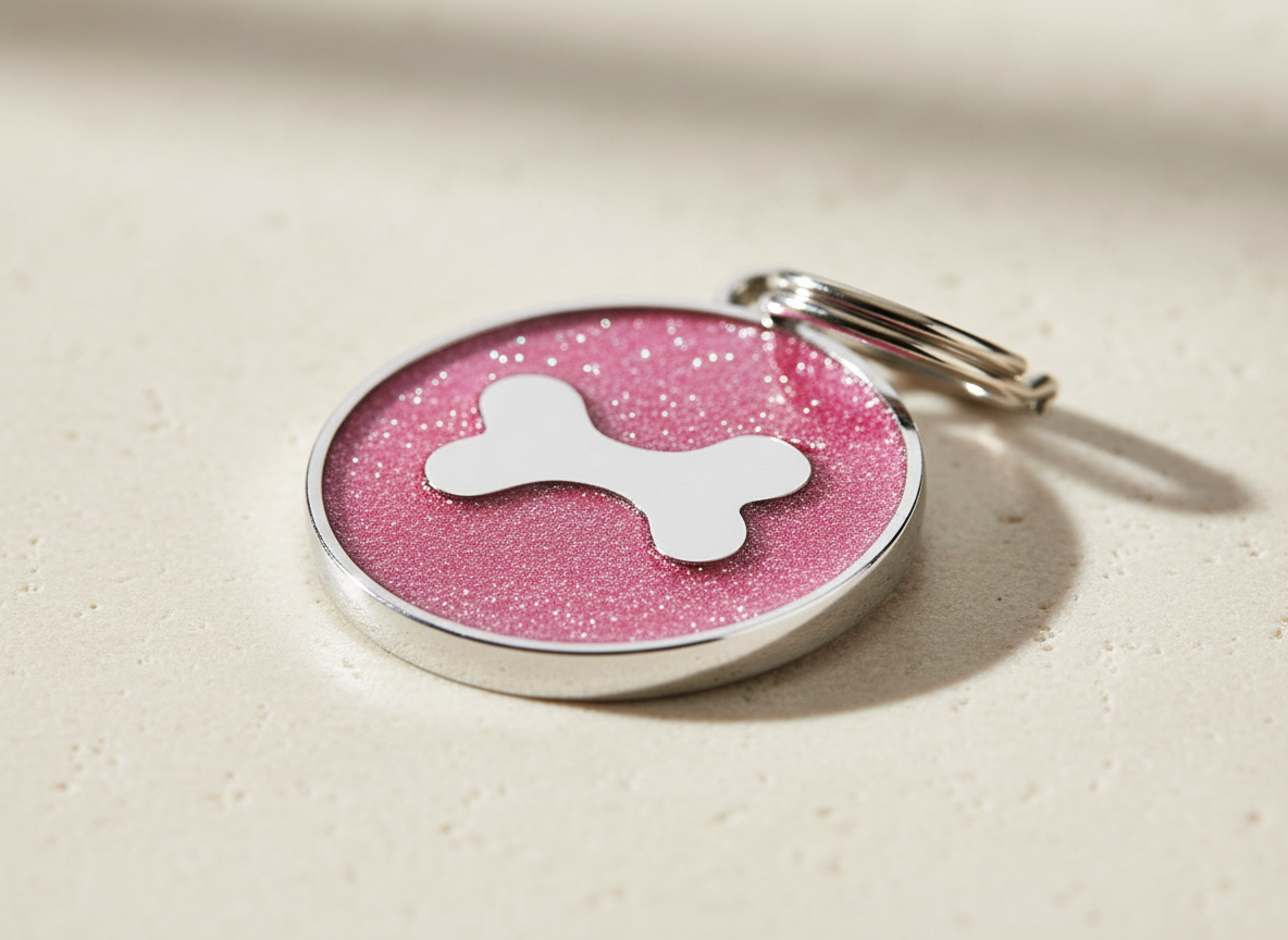Ronde hondenpenning met glitter en botmotief, 7 kleuren