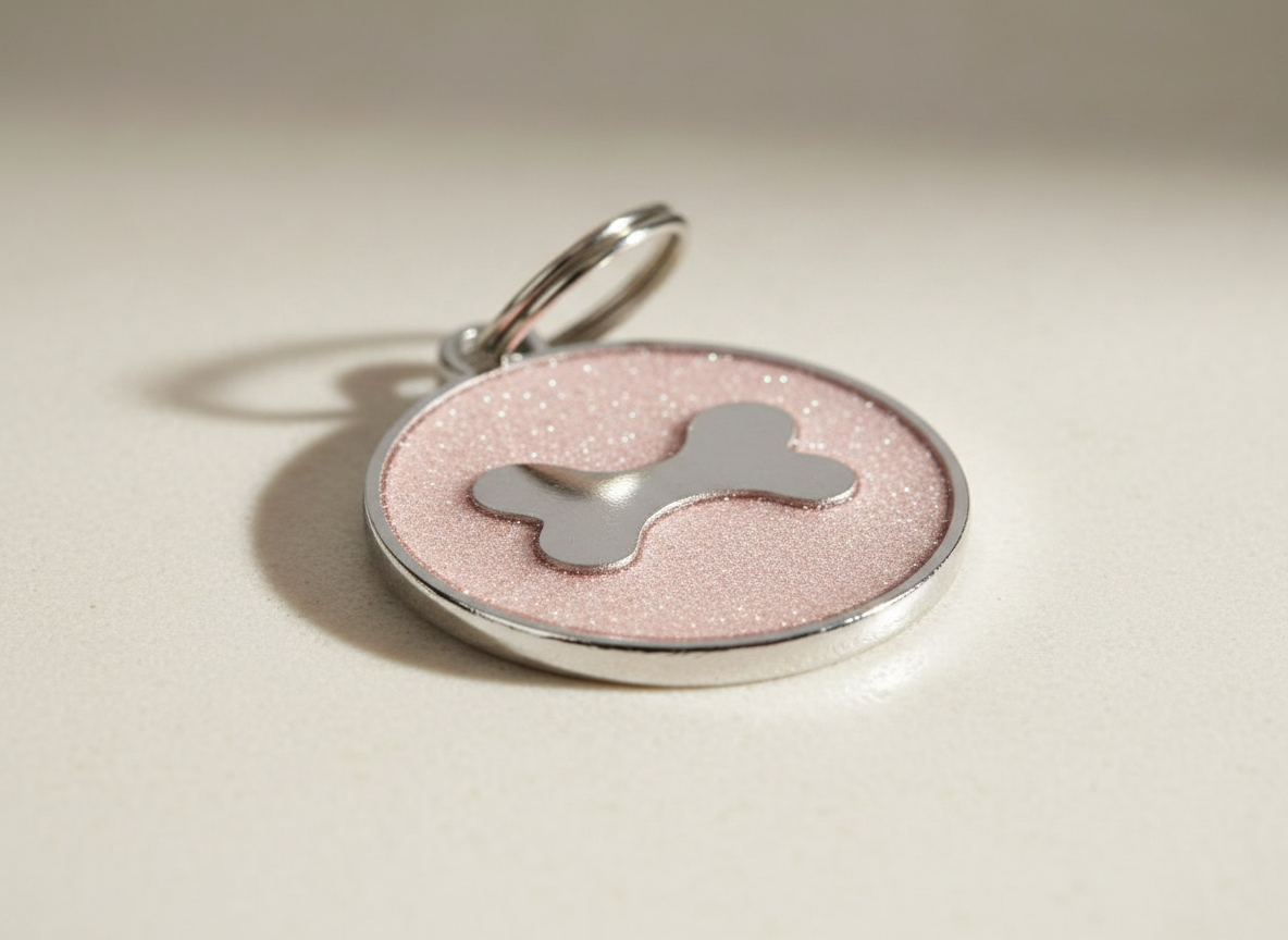Ronde hondenpenning met glitter en botmotief, 7 kleuren