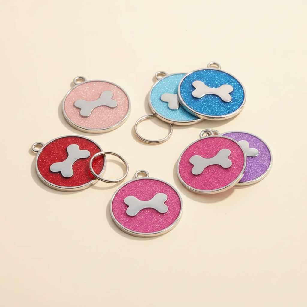 Ronde hondenpenning met glitter en botmotief, 7 kleuren