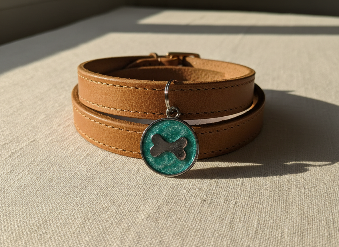 Ronde hondenpenning met glitter en botmotief, 7 kleuren