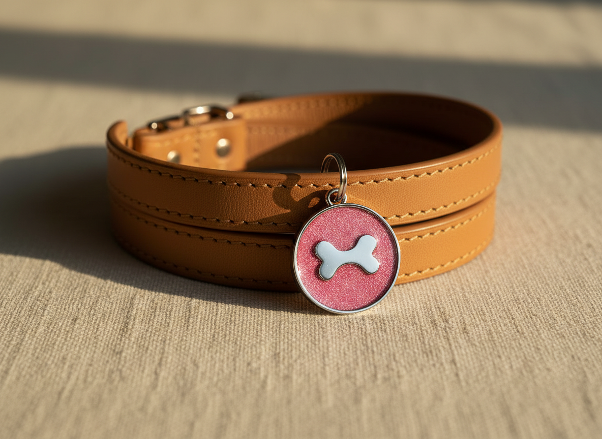 Ronde hondenpenning met glitter en botmotief, 7 kleuren