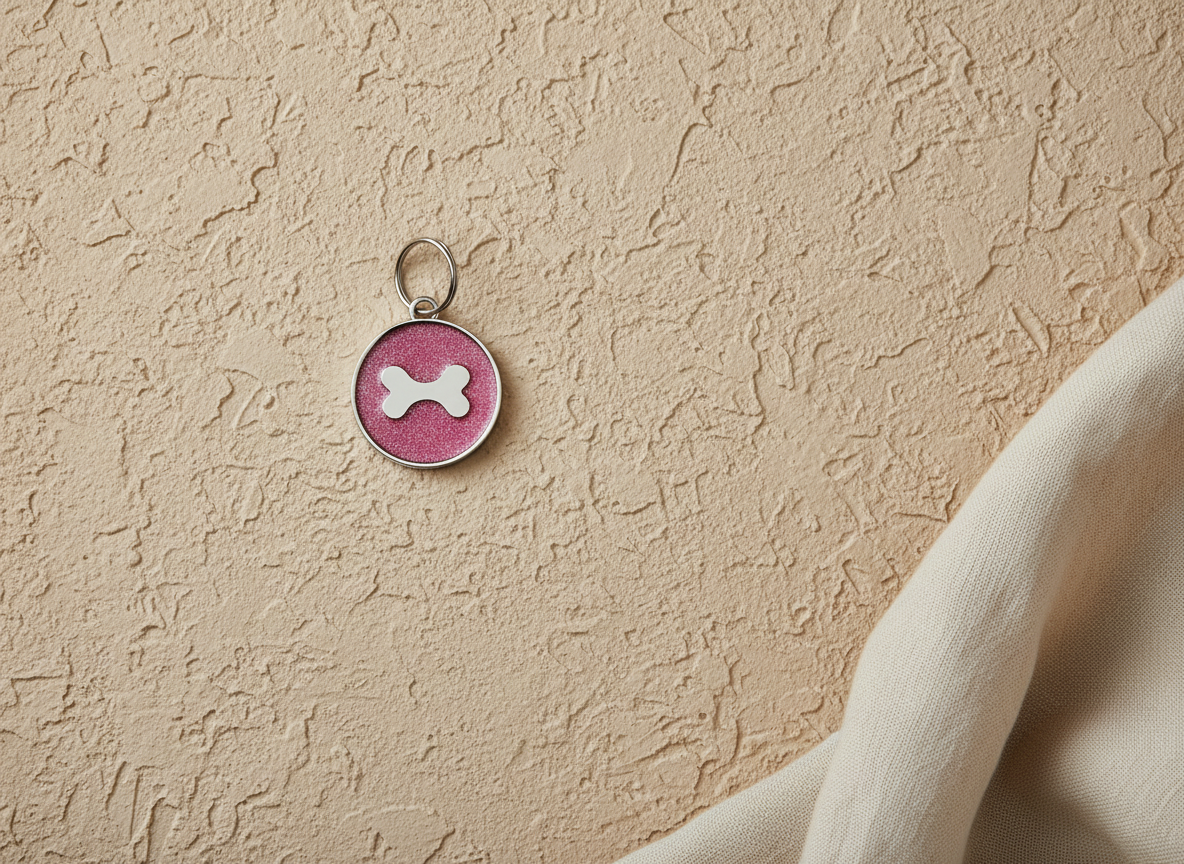 Ronde hondenpenning met glitter en botmotief, 7 kleuren