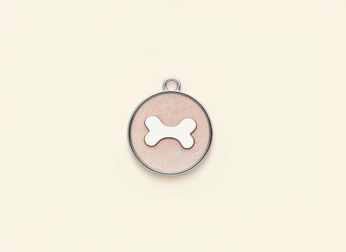 Ronde hondenpenning met een uitgesneden botje in glitter, rosé goud