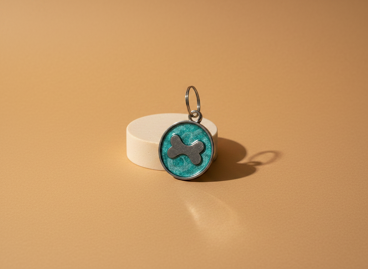 Ronde hondenpenning met glitter en botmotief, 7 kleuren