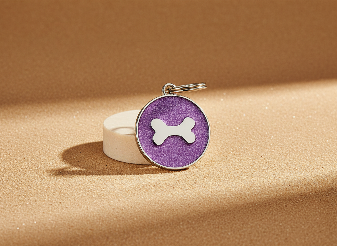 Ronde hondenpenning met glitter en botmotief, 7 kleuren