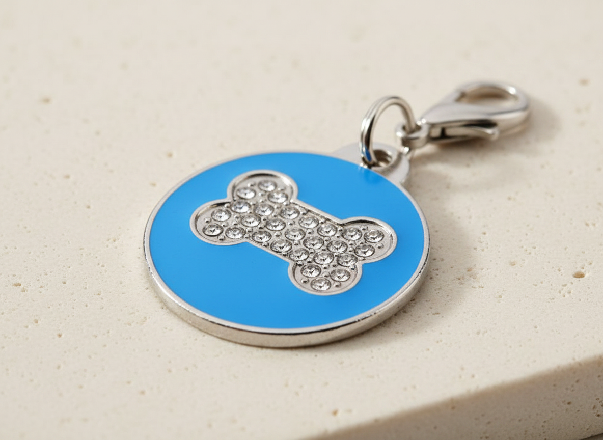 Ronde hondenpenning met strass en botmotief