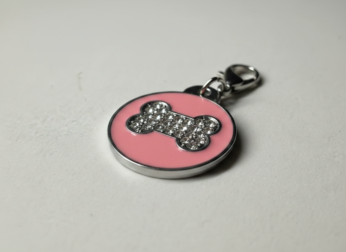 Ronde hondenpenning met strass en botmotief