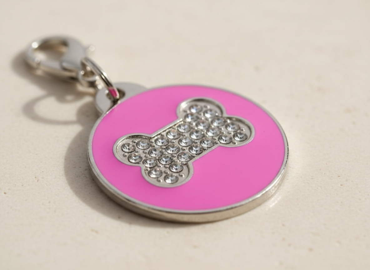 Ronde hondenpenning met strass en botmotief