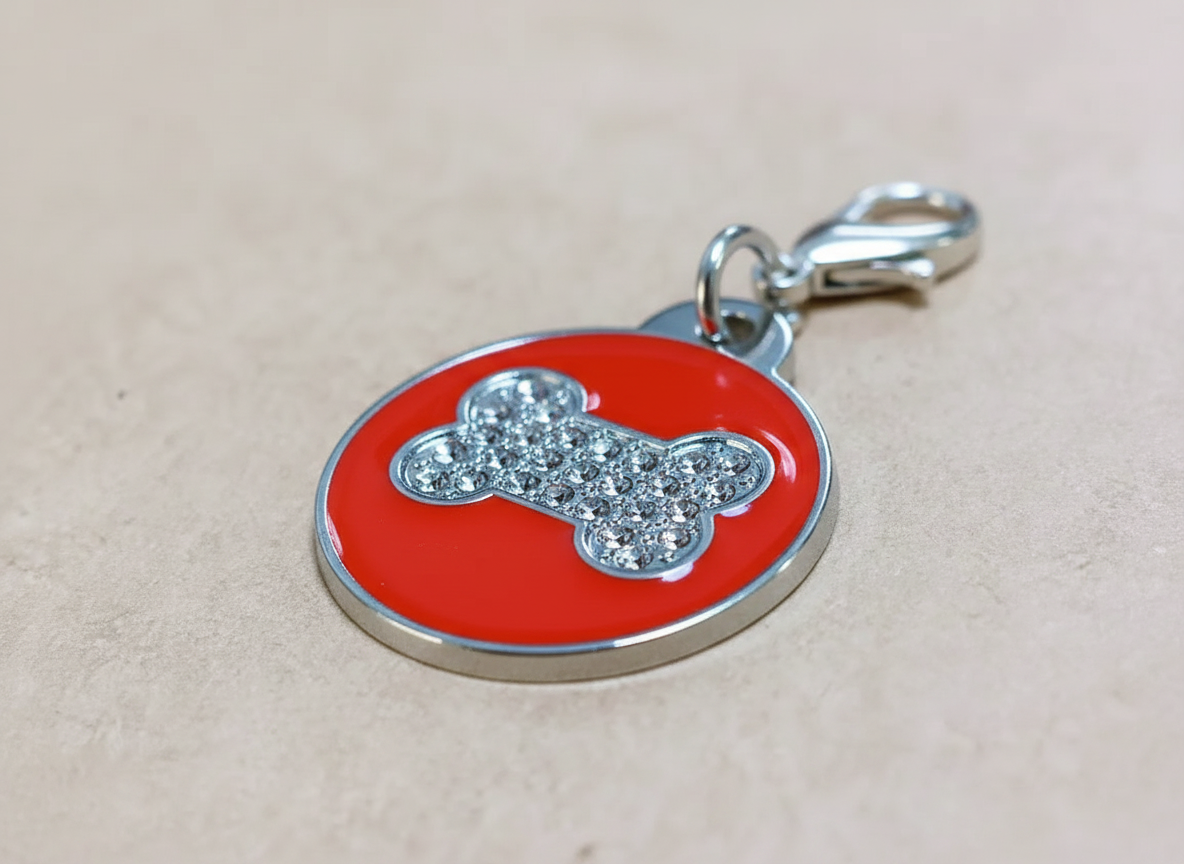 Ronde hondenpenning met strass en botmotief