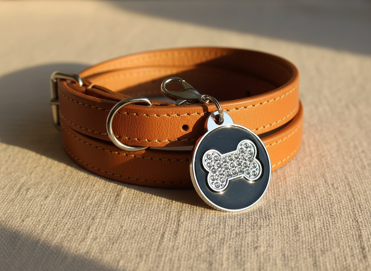 Ronde hondenpenning met strass en botmotief