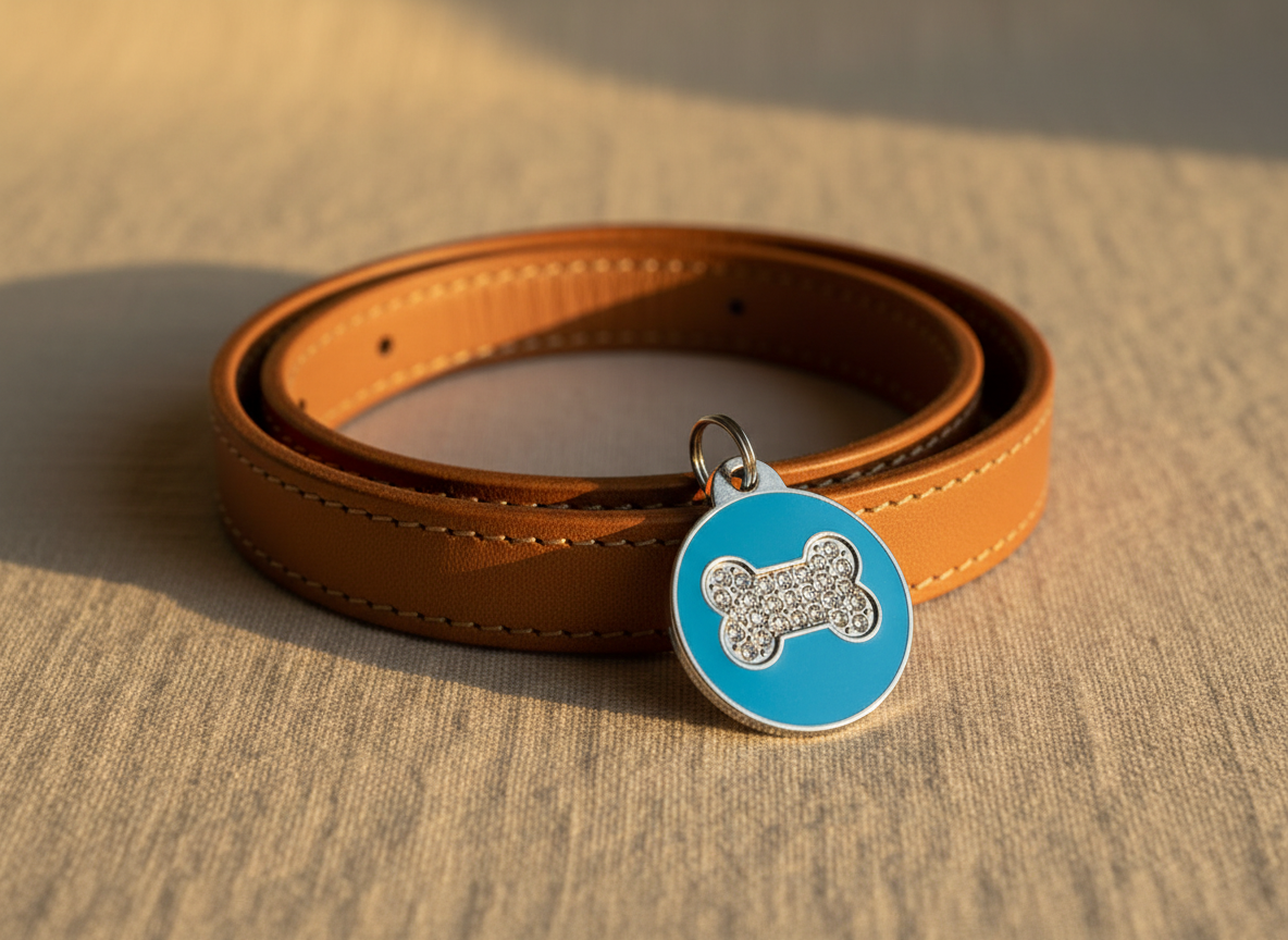 Ronde hondenpenning met strass en botmotief