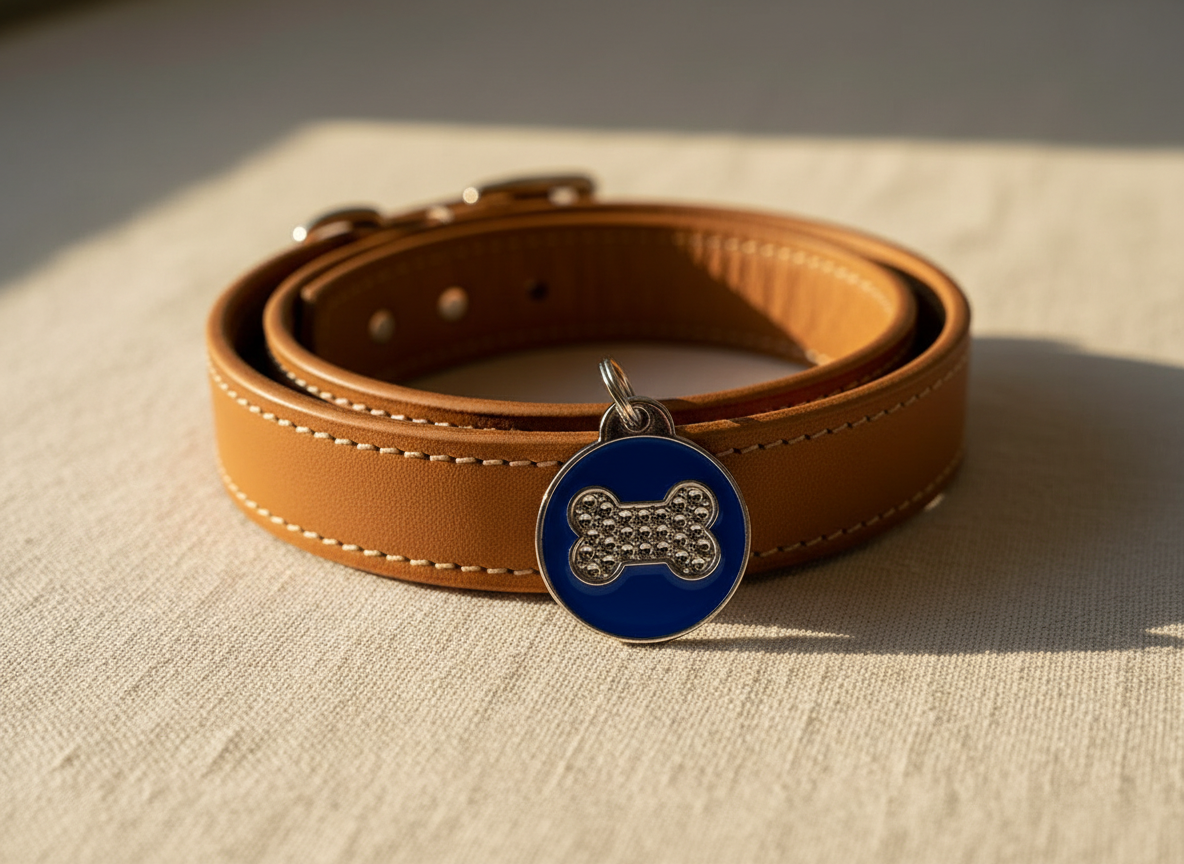 Ronde hondenpenning met strass en botmotief