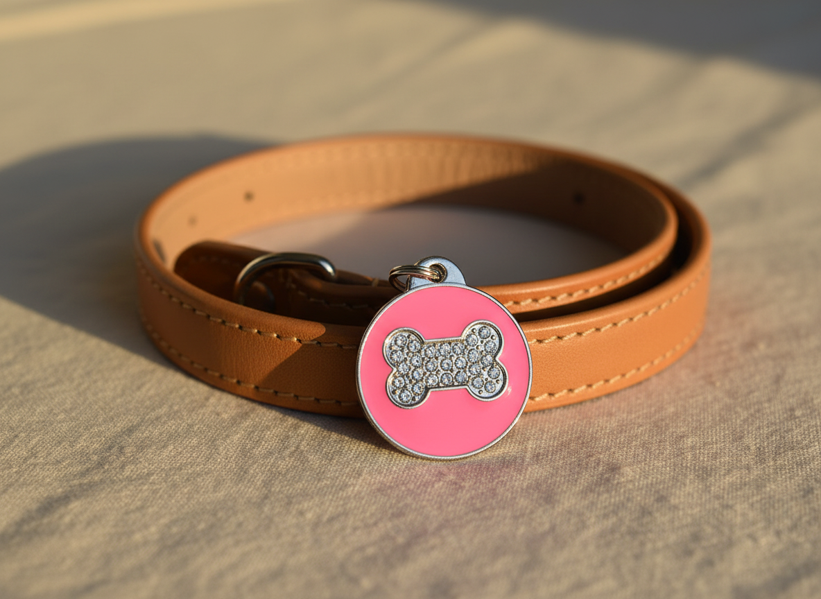 Ronde hondenpenning met strass en botmotief