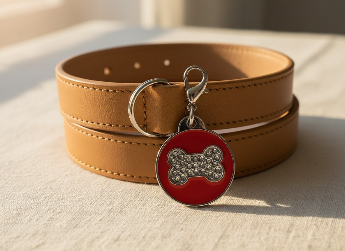 Ronde hondenpenning met strass en botmotief