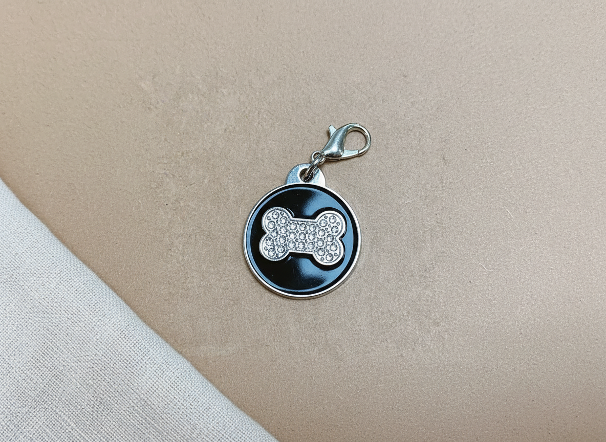 Ronde hondenpenning met strass en botmotief