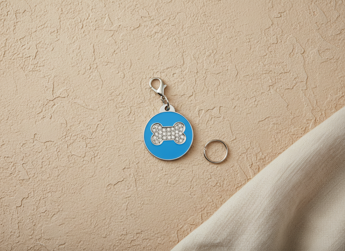 Ronde hondenpenning met strass en botmotief