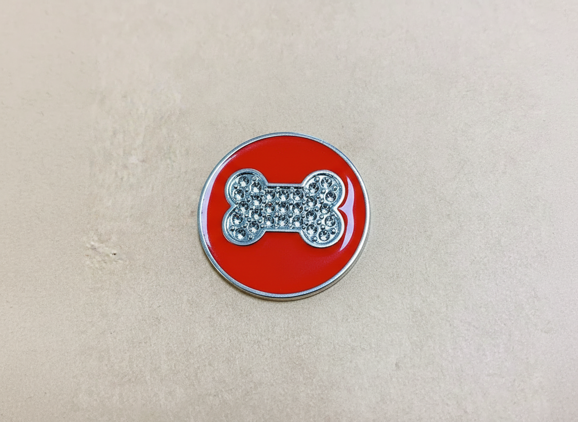 Ronde hondenpenning met botmotief en strass-steentjes, rood