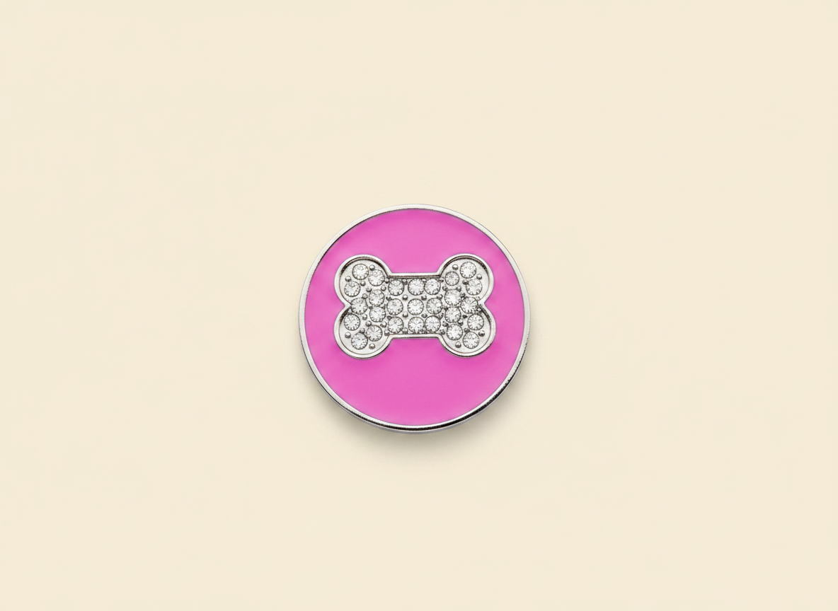 Ronde hondenpenning met botmotief en strass-steentjes, roze