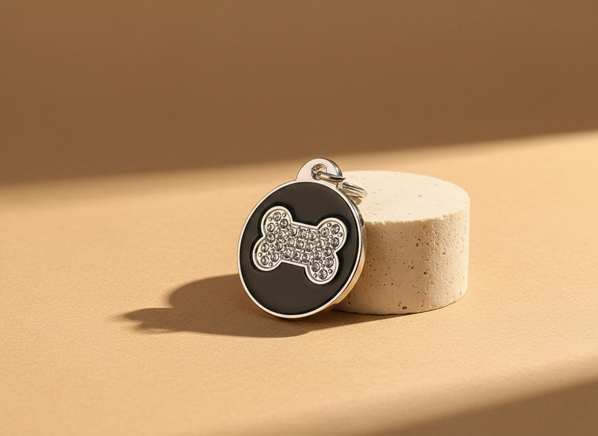 Ronde hondenpenning met strass en botmotief