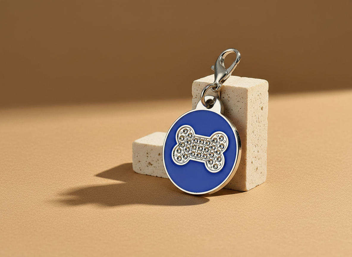 Ronde hondenpenning met strass en botmotief