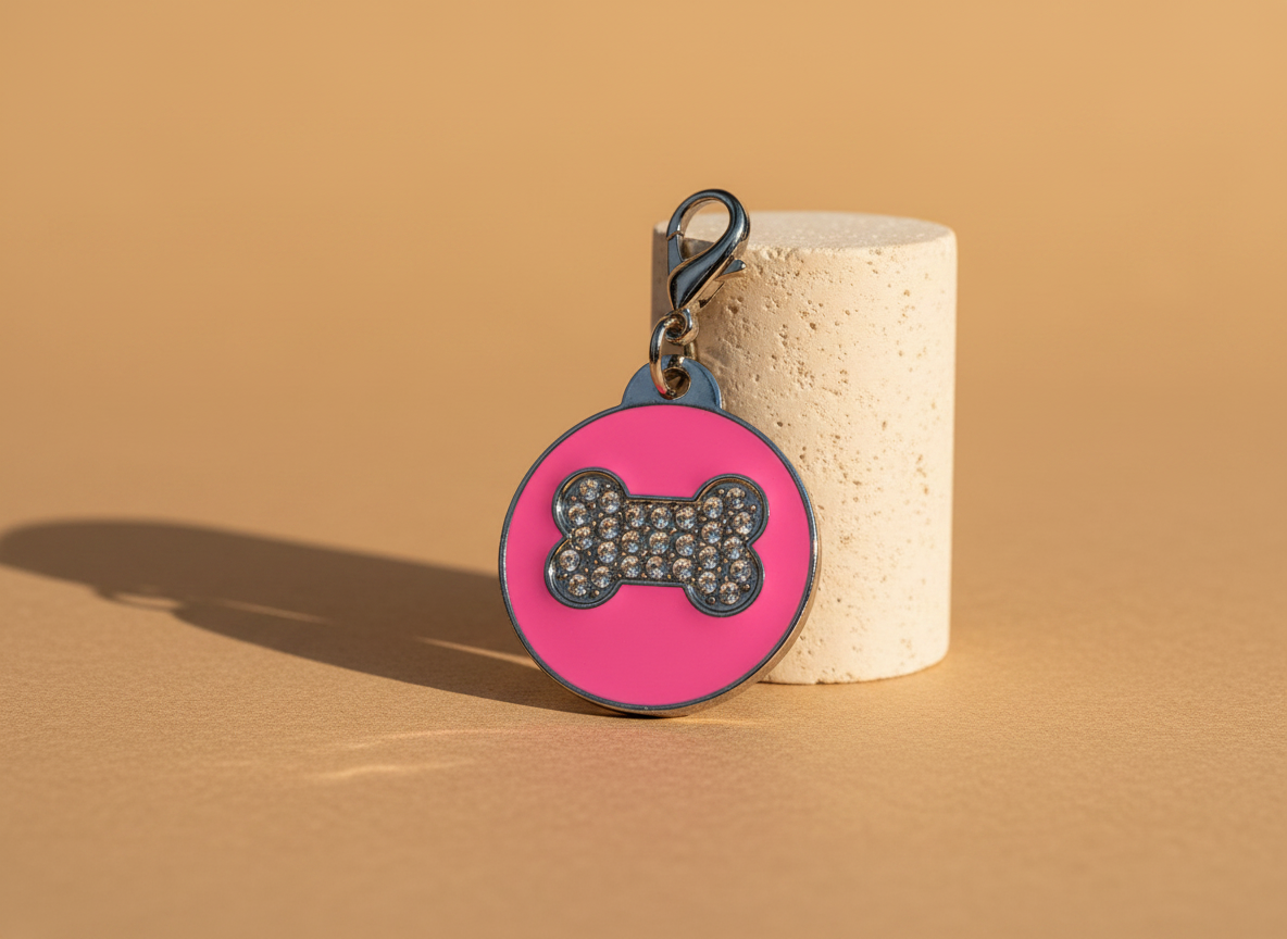 Ronde hondenpenning met strass en botmotief
