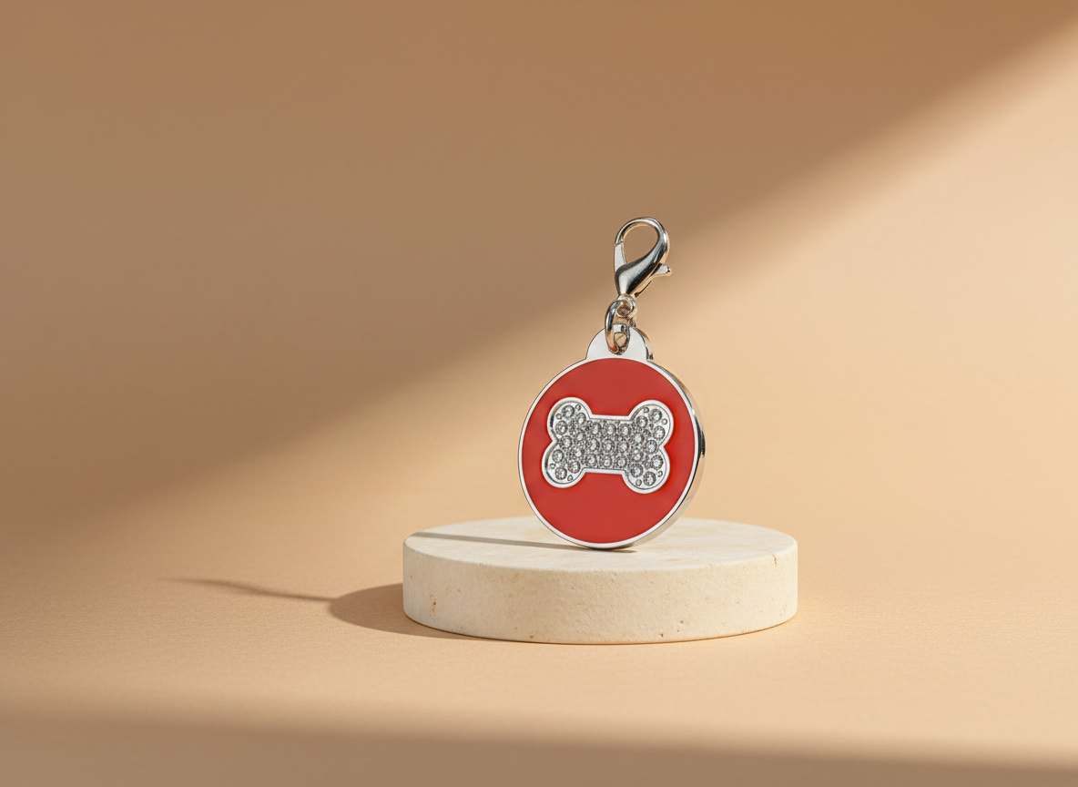 Ronde hondenpenning met strass en botmotief