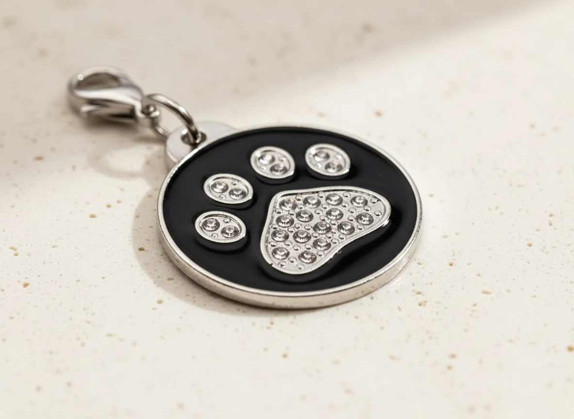 Ronde hondenpenning met strass en pootmotief