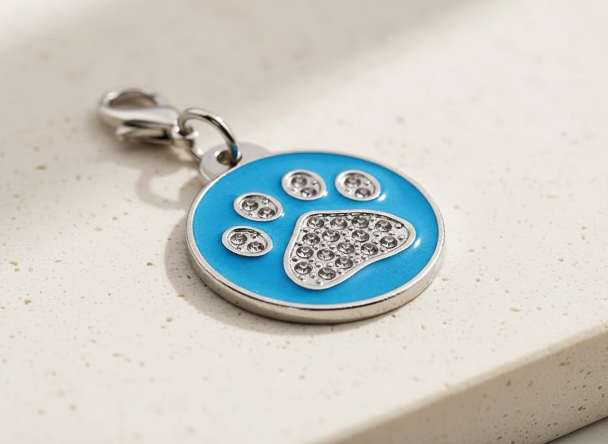 Ronde hondenpenning met strass en pootmotief