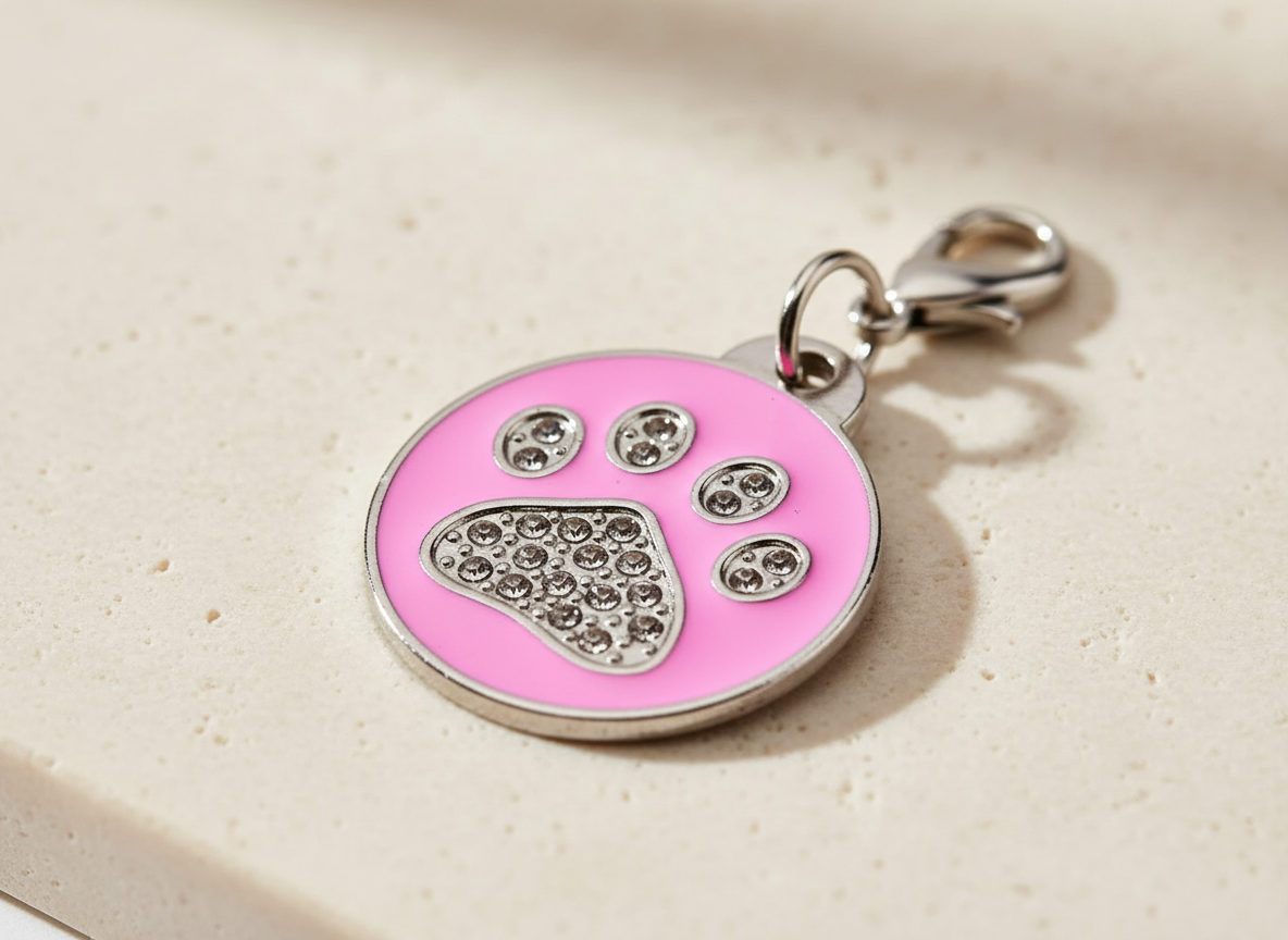 Ronde hondenpenning met strass en pootmotief