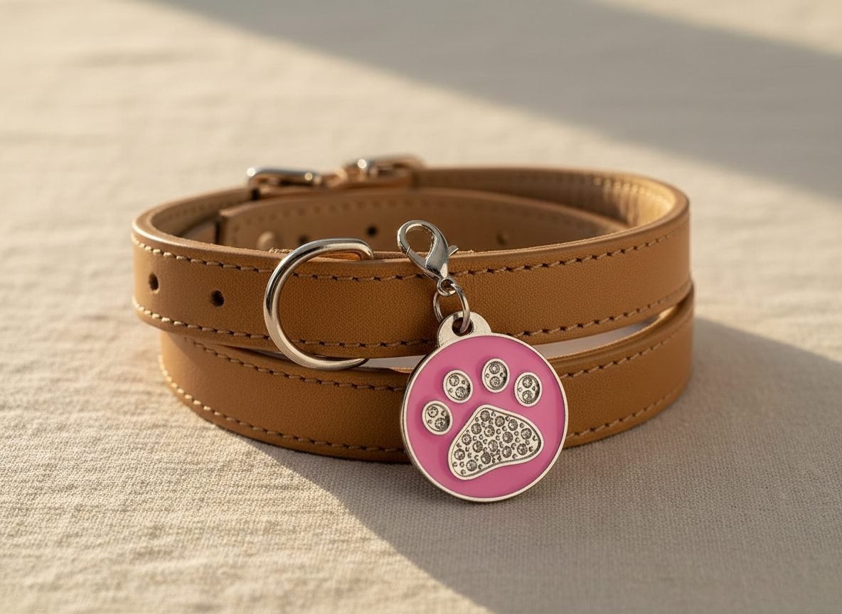 Ronde hondenpenning met strass en pootmotief