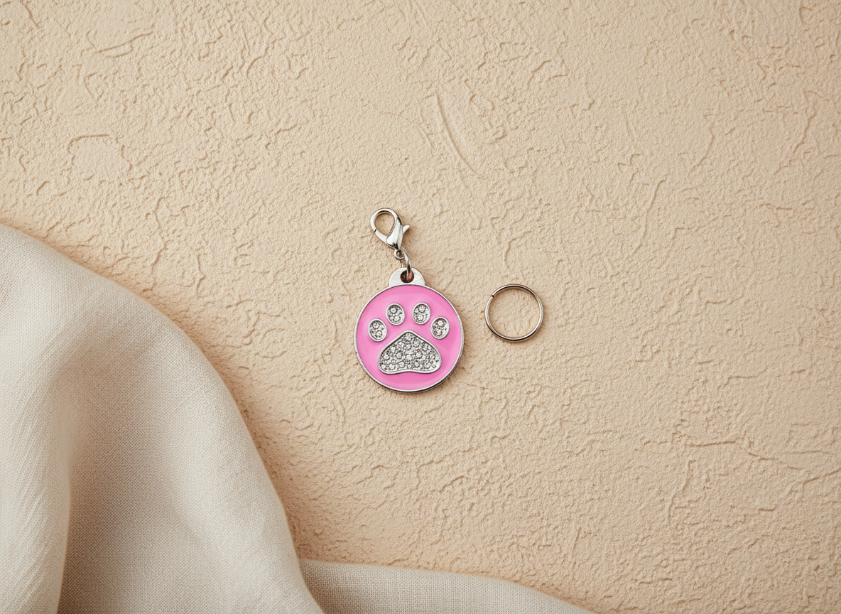 Ronde hondenpenning met strass en pootmotief