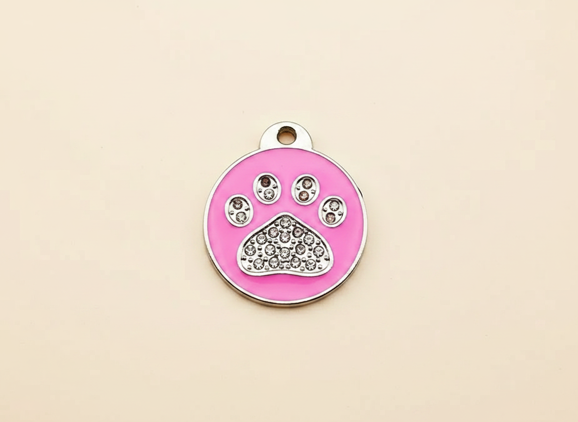 Ronde hondenpenning met pootmotief en strass-steentjes, roze