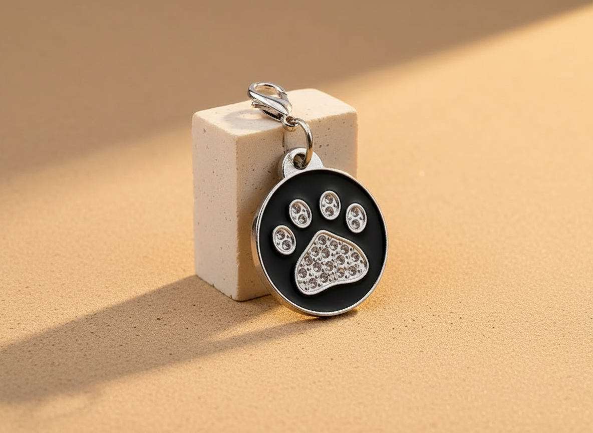 Ronde hondenpenning met strass en pootmotief