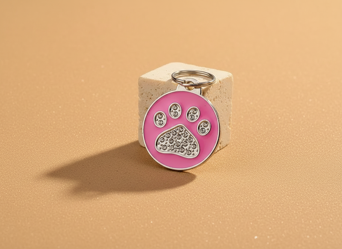 Ronde hondenpenning met strass en pootmotief