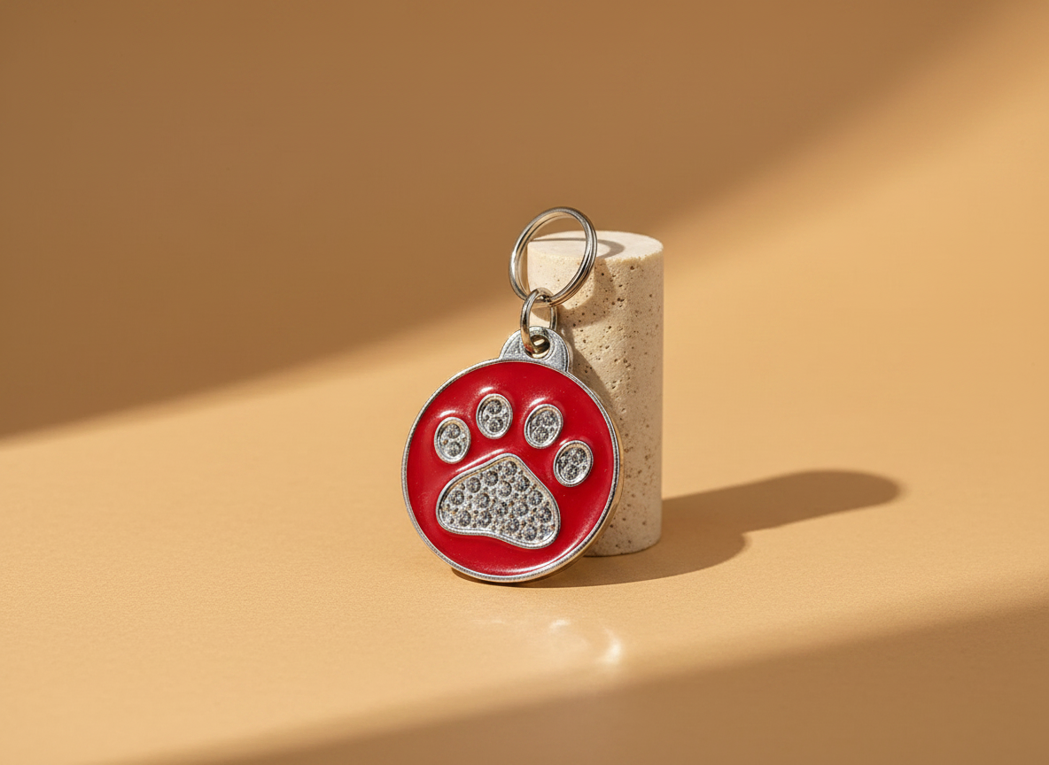 Ronde hondenpenning met strass en pootmotief