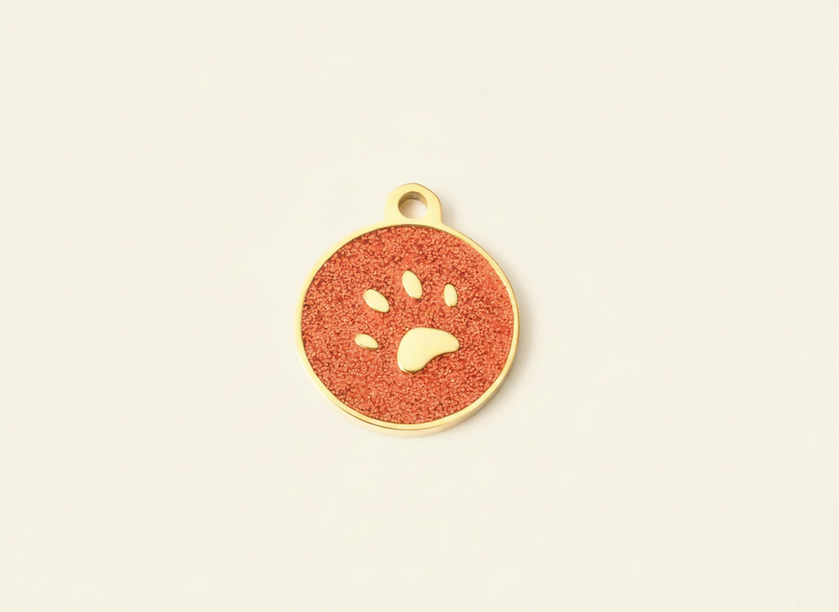 Kleine huisdierpenning met goudkleurig pootafdrukje en glitterrand, oranje